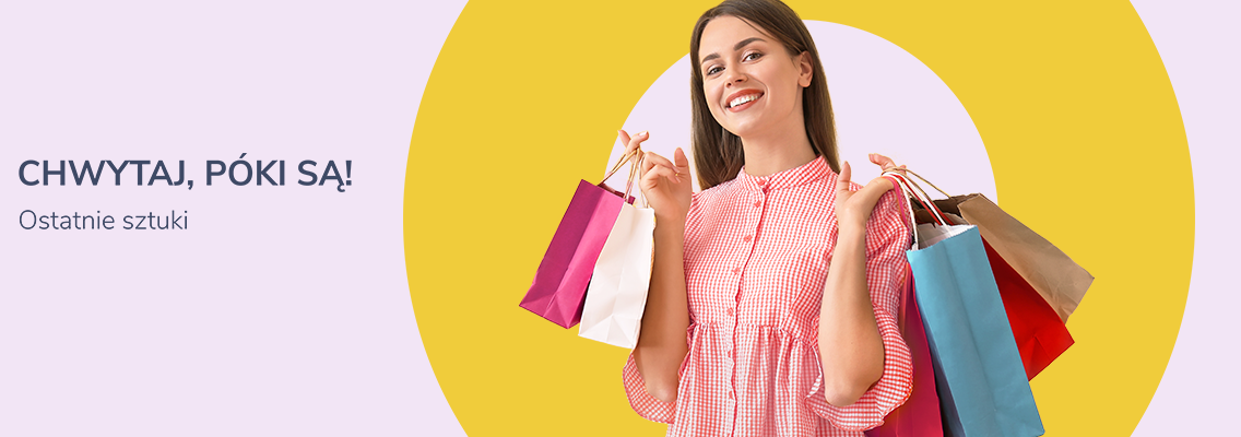 baner chwytaj póki są - ostatnie sztuki - kobieta z torbami zakupowymi