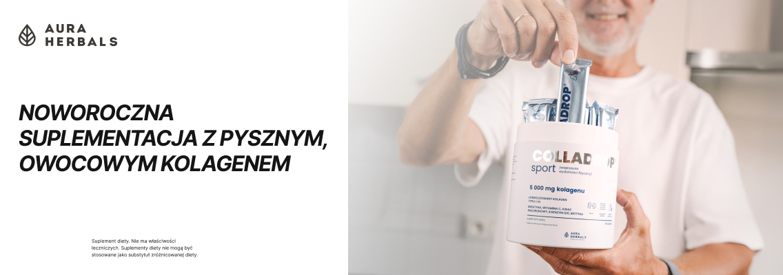 baner aura herbals - noworoczna suplementacja z pysznym, owocowym kolagenem