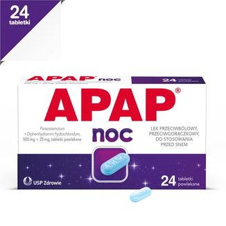 Apap Noc 500mg + 25 mg, 24 tabletki powlekane - 2 Apap Noc 500mg + 25 mg, 24 tabletki powlekane - 2 - zdjęcie produktu