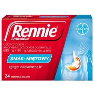 Rennie Antacidum 680 mg + 80 mg, smak miętowy, 24 tabletki do ssania USZKODZONE OPAKOWANIE Rennie Antacidum 680 mg + 80 mg, smak miętowy, 24 tabletki do ssania USZKODZONE OPAKOWANIE - zdjęcie produktu