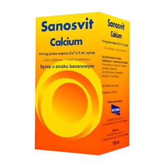 Sanosvit Calcium 114 mg/ 5 mg, syrop, smak bananowy, 150 ml - zdjęcie produktu