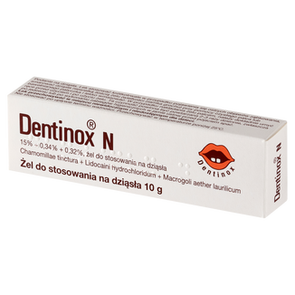 Dentinox N (150 mg + 3,4 mg + 3,2 mg)/ g, żel do stosowania na dziąsła, 10 g USZKODZONE OPAKOWANIE - zdjęcie produktu