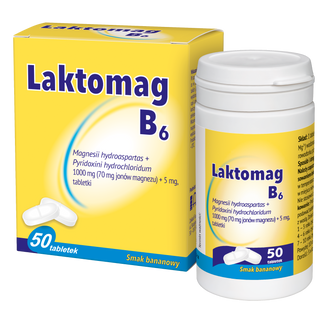 Laktomag B6 70 mg + 5 mg, smak bananowy, 50 tabletek - zdjęcie produktu