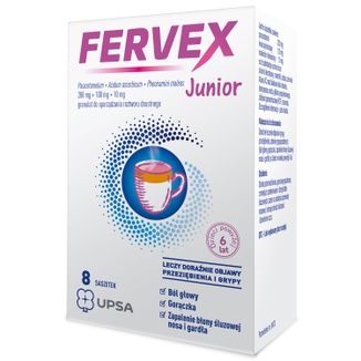 Fervex Junior 280 mg + 100 mg + 10 mg, granulat do sporządzania roztworu doustnego, 8 saszetek USZKODZONE OPAKOWANIE - zdjęcie produktu