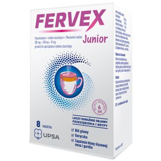 Fervex Junior 280 mg + 100 mg + 10 mg, granulat do sporządzania roztworu doustnego, 8 saszetek - zdjęcie produktu