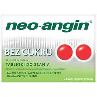 Neo-Angin bez cukru 1,2 mg + 0,6 mg + 5,72 mg, 24 tabletki do ssania USZKODZONE OPAKOWANIE - zdjęcie produktu