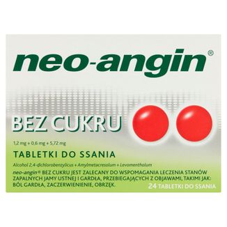 Neo-Angin bez cukru 1,2 mg + 0,6 mg + 5,72 mg, 24 tabletki do ssania - zdjęcie produktu