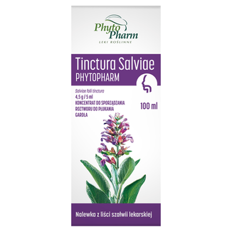 Tinctura Salviae Phytopharm 4,5 g/5 ml, koncentrat do sporządzania roztworu do płukania gardła, 100 ml Tinctura Salviae Phytopharm 4,5 g/5 ml, koncentrat do sporządzania roztworu do płukania gardła, 100 ml - zdjęcie produktu