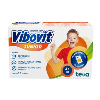 Vibovit Junior, dla dzieci w wieku od 4 do 12 lat, smak pomarańczowy, 30 saszetek USZKODZONE OPAKOWANIE Vibovit Junior, dla dzieci w wieku od 4 do 12 lat, smak pomarańczowy, 30 saszetek USZKODZONE OPAKOWANIE - zdjęcie produktu