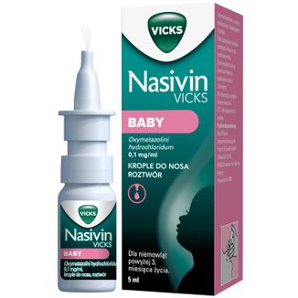 Nasivin Vicks Baby 0,1 mg/ml, krople do nosa dla niemowląt od 3 miesiąca, 5 ml USZKODZONE OPAKOWANIE - zdjęcie produktu