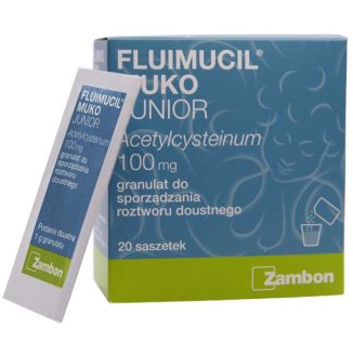 Fluimucil Muko Junior 100 mg, dla dzieci od 3 lat, 20 saszetek Fluimucil Muko Junior 100 mg, dla dzieci od 3 lat, 20 saszetek - zdjęcie produktu
