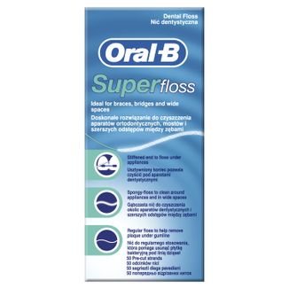 Oral-B Super Floss, nić dentystyczna do czyszczenia aparatów ortodontycznych i mostów, 50 sztuk USZKODZONE OPAKOWANIE - zdjęcie produktu