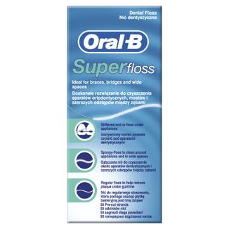 Oral-B Super Floss, nitka dentystyczna do czyszczenia aparatów ortodontycznych i mostów, 50 sztuk - zdjęcie produktu