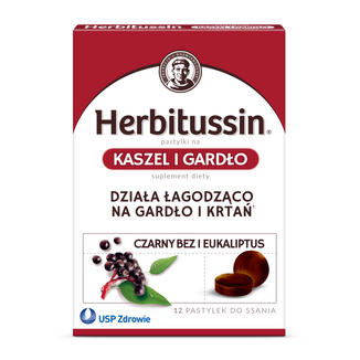 Herbitussin Kaszel i Gardło, czarny bez i eukaliptus, 12 pastylek do ssania USZKODZONE OPAKOWANIE Herbitussin Kaszel i Gardło, czarny bez i eukaliptus, 12 pastylek do ssania USZKODZONE OPAKOWANIE - zdjęcie produktu