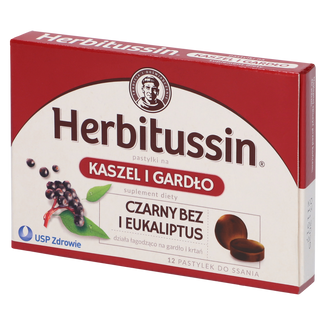 Herbitussin Kaszel i Gardło, czarny bez i eukaliptus, 12 pastylek do ssania - zdjęcie produktu