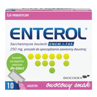 Enterol 250 mg, Saccharomyces boulardii, proszek do sporządzenia zawiesiny doustnej, 10 saszetek USZKODZONE OPAKOWANIE - zdjęcie produktu