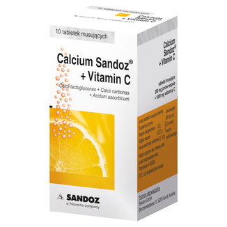 Calcium Sandoz + Vitamina C 260 mg + 1000 mg, smak pomarańczowy, 10 tabletek musujących - zdjęcie produktu