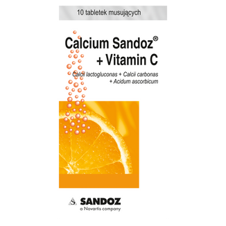 Calcium Sandoz + Vitamina C 260 mg + 1000 mg, smak pomarańczowy, 10 tabletek musujących - zdjęcie produktu