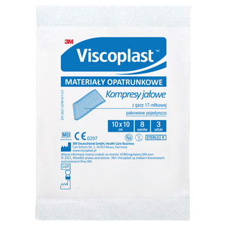Viscoplast, kompresy jałowe z gazy, 17-nitkowe, 8-warstwowe, 10 cm x 10 cm, 3 sztuki USZKODZONE OPAKOWANIE - zdjęcie produktu