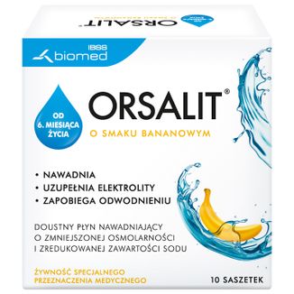 Orsalit, doustny płyn nawadniający dla dzieci od 6 miesiąca, smak bananowy, 10 saszetek USZKODZONE OPAKOWANIE - zdjęcie produktu
