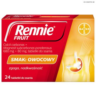 Rennie Fruit 680 mg + 80 mg, smak owocowy, 24 tabletki do ssania - zdjęcie produktu