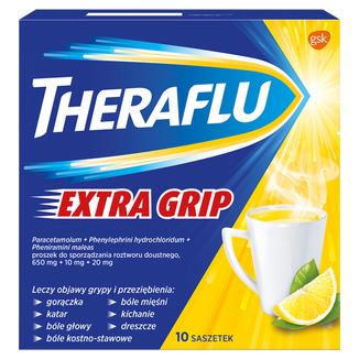 Theraflu Extra Grip 650 mg + 10 mg + 20 mg, proszek do sporządzania roztworu doustnego, 10 saszetek KRÓTKA DATA - zdjęcie produktu