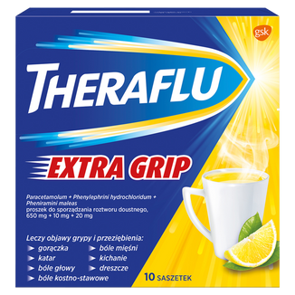 Theraflu Extra Grip 650 mg + 10 mg + 20 mg, proszek do sporządzania roztworu doustnego, 10 saszetek - zdjęcie produktu