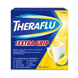 Theraflu Extra Grip 650 mg + 10 mg + 20 mg, proszek do sporządzania roztworu doustnego, 10 saszetek - zdjęcie produktu