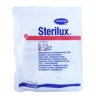 Sterilux, kompresy jałowe z gazy, 17-nitkowe, 12-warstwowe, 5 cm x 5 cm, 3 sztuki - zdjęcie produktu