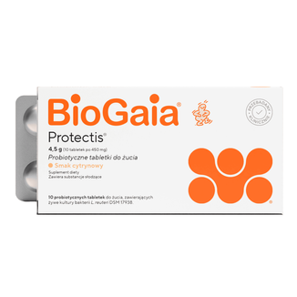 BioGaia Protectis, smak cytrynowy, 10 tabletek do żucia USZKODZONE OPAKOWANIE BioGaia Protectis, smak cytrynowy, 10 tabletek do żucia USZKODZONE OPAKOWANIE - zdjęcie produktu
