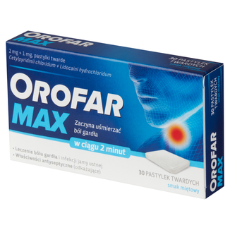 Orofar Max 2 mg + 1 mg, smak miętowy, 30 pastylek twardych USZKODZONE OPAKOWANIE - zdjęcie produktu