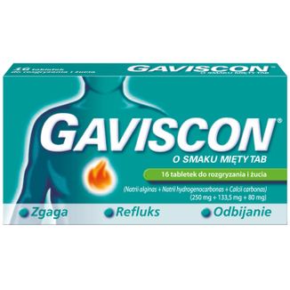 Gaviscon o smaku mięty Tab 250 mg + 133,5 mg + 80 mg, 16 tabletek do rozgryzania i żucia - zdjęcie produktu