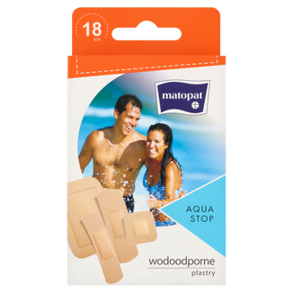 Matopat Aqua Stop, plastry z opatrunkiem, wodoodporne, 18 sztuk Matopat Aqua Stop, plastry z opatrunkiem, wodoodporne, 18 sztuk - zdjęcie produktu