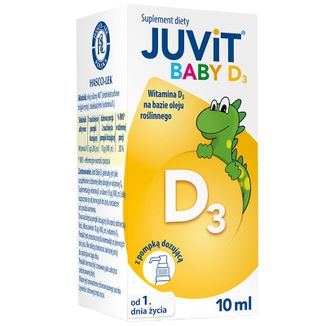 Juvit Baby D3, witamina D3 200 j.m. dla niemowląt od 1 dnia życia, krople, 10 ml USZKODZONE OPAKOWANIE - zdjęcie produktu