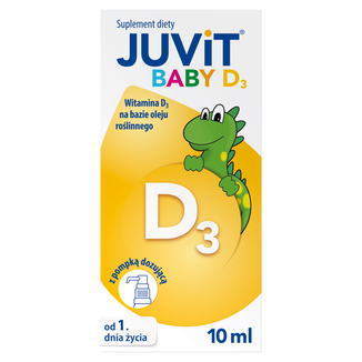 Juvit Baby D3, witamina D3 200 j.m. dla niemowląt od 1 dnia życia, krople, 10 ml USZKODZONE OPAKOWANIE - zdjęcie produktu