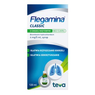 Flegamina Classic o smaku miętowym bez cukru 4 mg/ 5 ml, syrop, 120 ml - zdjęcie produktu