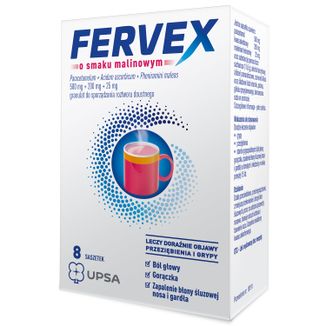 Fervex 500 mg + 200 mg + 25 mg, granulat do sporządzania roztworu doustnego, smak malinowy, 8 saszetek USZKODZONE OPAKOWANIE Fervex 500 mg + 200 mg + 25 mg, granulat do sporządzania roztworu doustnego, smak malinowy, 8 saszetek USZKODZONE OPAKOWANIE - zdjęcie produktu