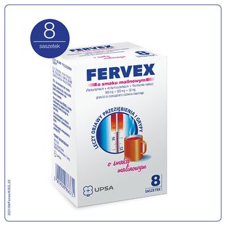 Fervex 500 mg + 200 mg + 25 mg, granulat do sporządzania roztworu doustnego, smak malinowy, 8 saszetek - zdjęcie produktu