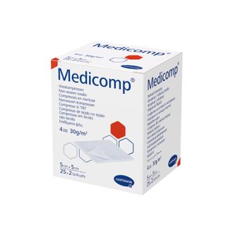 Medicomp, kompresy jałowe, włókninowe, 4-warstwowe, 30 g/m2, 5 cm x 5 cm, 50 sztuk - zdjęcie produktu