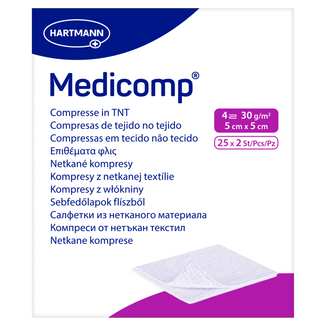 Medicomp, kompresy jałowe, włókninowe, 4-warstwowe, 30 g/m2, 5 cm x 5 cm, 50 sztuk - zdjęcie produktu