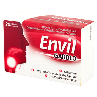 Envil Gardło 1,5 mg + 1 mg + 17,42 mg, 20 tabletek do ssania - zdjęcie produktu