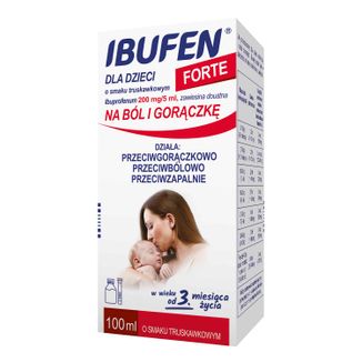 Ibufen dla dzieci Forte o smaku truskawkowym 200 mg/ 5 ml, zawiesina doustna od 3 miesiąca, 100 ml - zdjęcie produktu