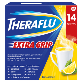 Theraflu Extra Grip 650 mg + 10 mg + 20 mg, proszek do sporządzania roztworu doustnego, 14 saszetek USZKODZONE OPAKOWANIE - zdjęcie produktu