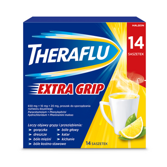 Theraflu Extra Grip 650 mg + 10 mg + 20 mg, proszek do sporządzania roztworu doustnego, 14 saszetek - zdjęcie produktu