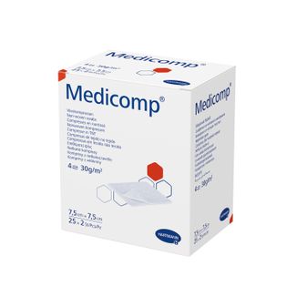 Medicomp, kompresy jałowe, włókninowe, 4-warstwowe, 30 g/m2, 7,5 cm x 7,5 cm, 50 sztuk - zdjęcie produktu
