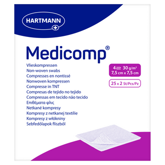 Medicomp, kompresy jałowe, włókninowe, 4-warstwowe, 30 g/m2, 7,5 cm x 7,5 cm, 50 sztuk - zdjęcie produktu