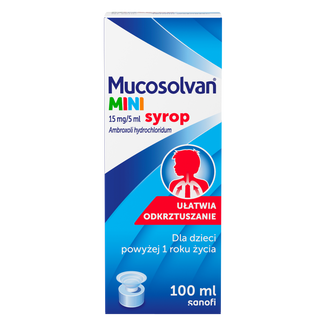 Mucosolvan Mini 15 mg/5 ml, syrop dla dzieci powyżej 1 roku, smak owoców leśnych, 100 ml Mucosolvan Mini 15 mg/5 ml, syrop dla dzieci powyżej 1 roku, smak owoców leśnych, 100 ml - zdjęcie produktu