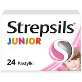 Strepsils Junior 1,2 mg + 0,6 mg, bez cukru, smak truskawkowy, 24 pastylki do ssania USZKODZONE OPAKOWANIE - miniaturka zdjęcia produktu