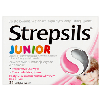Strepsils Junior 1,2 mg + 0,6 mg, bez cukru, smak truskawkowy, 24 pastylki do ssania - zdjęcie produktu