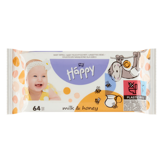 Bella Baby Happy, chusteczki nawilżane, miód i mleko, 64 sztuki - zdjęcie produktu